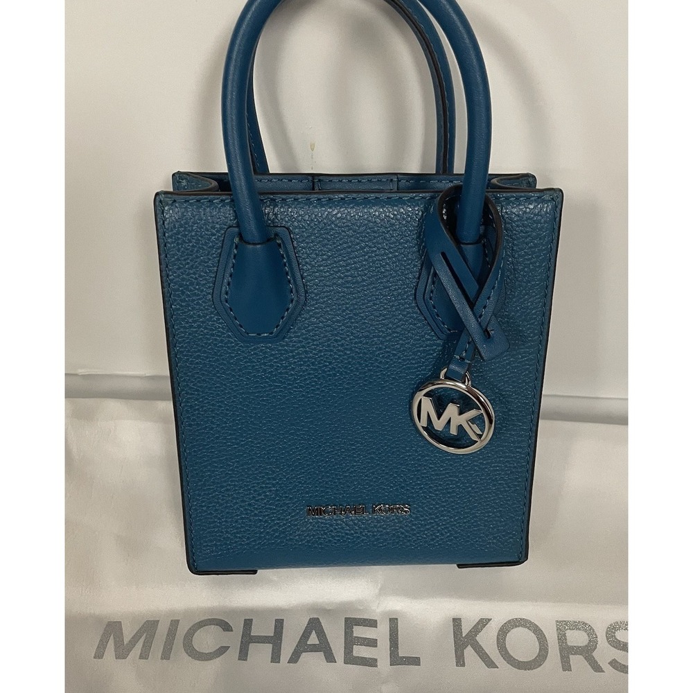 Michael Kors Mercer Extra Small Blue Pebbled Leather Charm Crossbody SRP $348.00